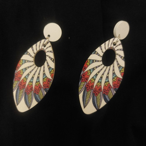 Wooden boho earrings with ethnic design like new, colorful
