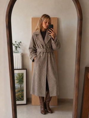 Handmade Wool Blend Long Belted Coat, vintage tailored style