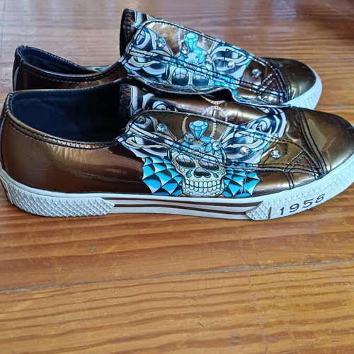 Cristian Audigier sneakers like new, brown patent leather with skull and rhinestones