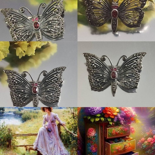 Vintage Atelier silver butterfly brooch used with red stones and marcasites