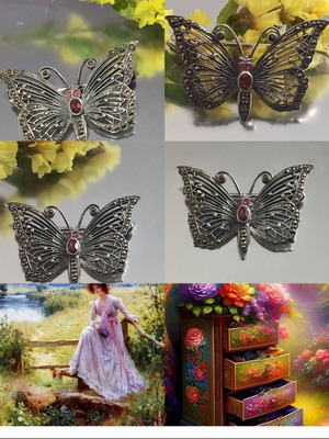 Vintage Atelier silver butterfly brooch used with red stones and marcasites