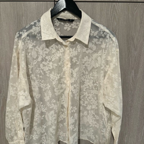 Zara sheer shirt unused with floral pattern, size M, white and beige