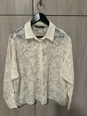 Zara sheer shirt unused with floral pattern, size M, white and beige