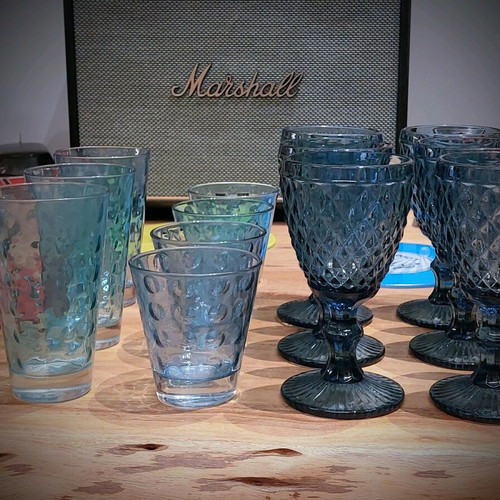 Summer set of 13 blue embossed vintage glassware, like new