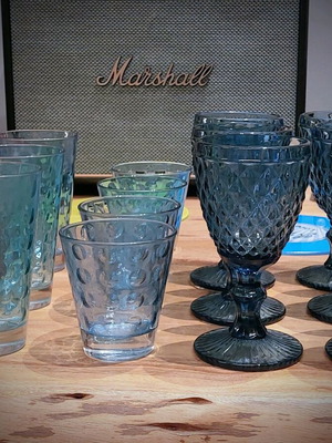 Summer set of 13 blue embossed vintage glassware, like new