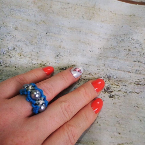 Macrame ring, handmade, blue and silver