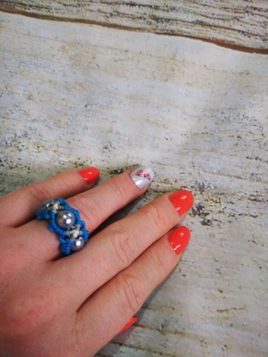 Macrame ring, handmade, blue and silver