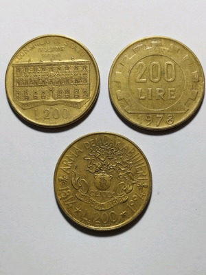 Νομίσματα 200 Lire Ιταλίας μεταχειρισμένα, 3 τεμάχια, 2 επετειακά