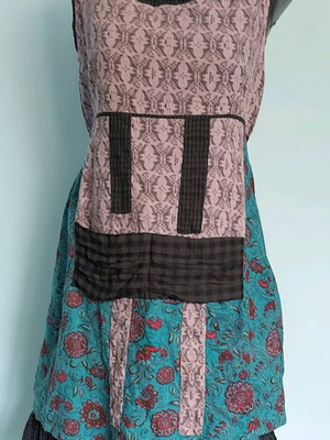 Designer patchwork pinafore dress used by Ian Mosh