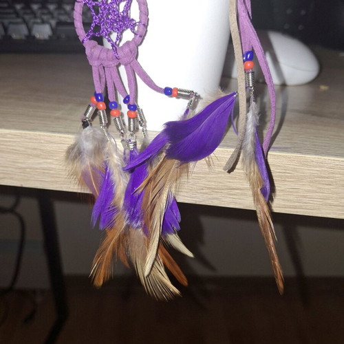Handmade earrings with feathers and beads, new, purple and brown