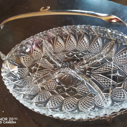 Vintage crystal serving platters with dividers, one with silver base, new