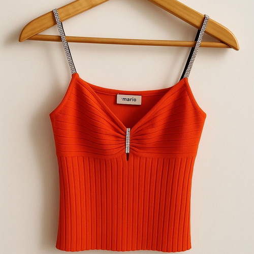 Mario knitted top orange like new with rhinestone straps, size small