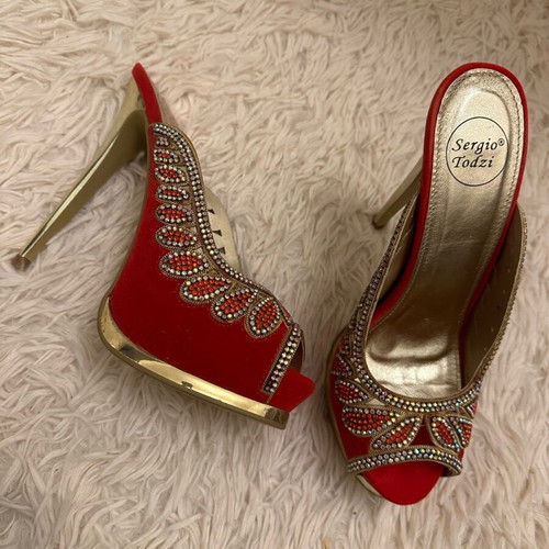 Red high heels with rhinestones like new, size 39
