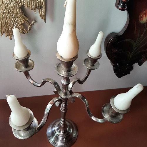 Vintage metal candlestick used, silver color, 40cm height