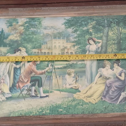 Vintage offset lithograph print of romantic scene, 85×41cm