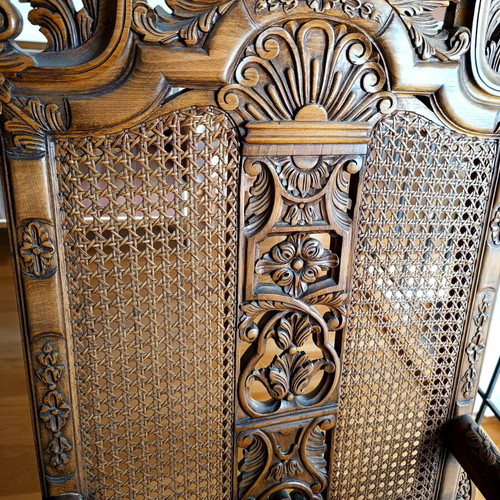 Vintage wooden armchair baroque style used, cane back, velvet seat