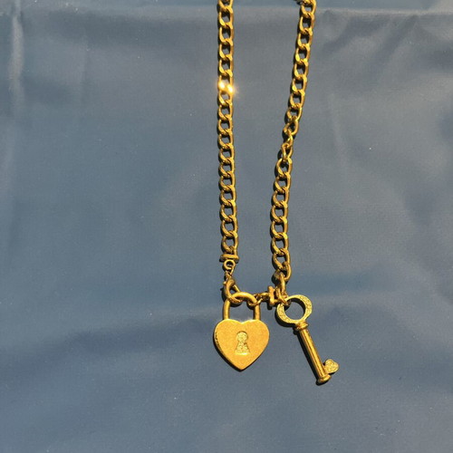 Gold chain necklace with heart and key zirconia