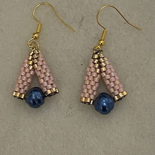 Handmade Earrings with Miyuki Beads and Blue Pearl in Pink/Gold, New
