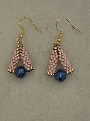 Handmade Earrings with Miyuki Beads and Blue Pearl in Pink/Gold, New