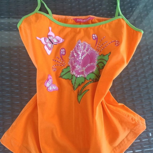 Elisa Immagine orange top L-XL like new with sequined rose and butterflies