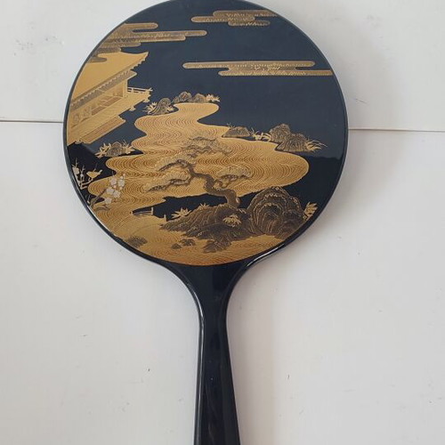 Yamanaka Lacquerware Hand Mirror with Gold Maki-e, authentic Japanese