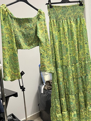 Boho summer silk women's set green top and skirt