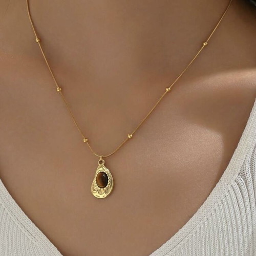 Steel necklace with brown stone new