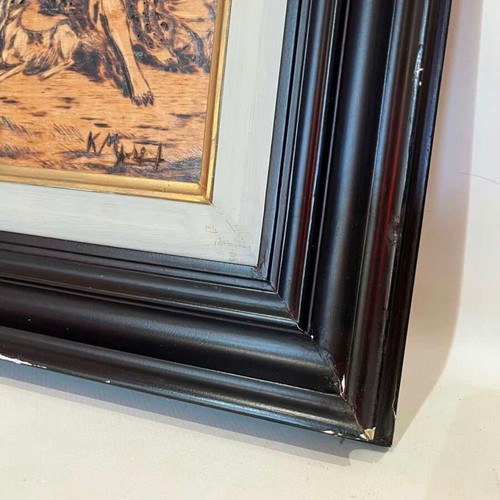 Vintage Pyrography Wall Frame with Greek Mythology and Artist Signature 46x34 used