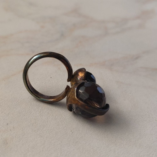 Vintage Retro Bypass Ring with Faceted Smoky Quartz Stones