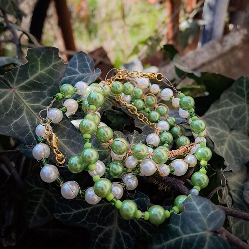 Fairycore bracelet set with green beads and pearls new