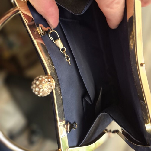 Blue evening clutch with crystals and gold chain like new