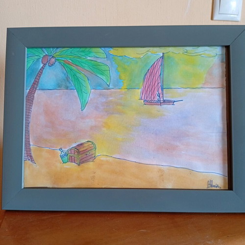 Original Watercolour Art Tropical Paradise with Frame