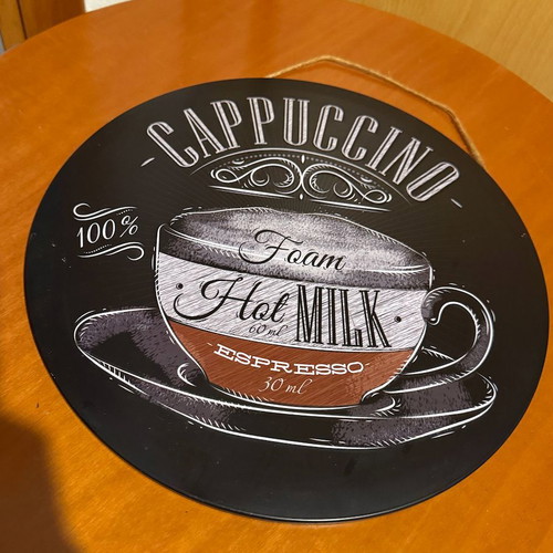 Decorative metal signs set like new, Danger and Cappuccino with hanging rope