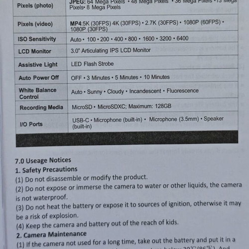 Digital Camera 64MP 5K WiFi with Wide-Angle Lens and 64GB Memory New
