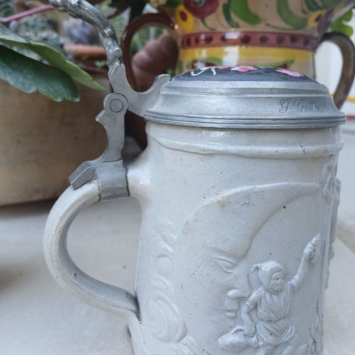 Antique German Westerwald Salt-Glazed Stoneware Beer Stein with Pewter Lid used