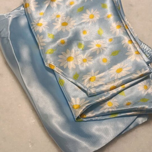 Satin summer pajamas like new blue floral set with hole