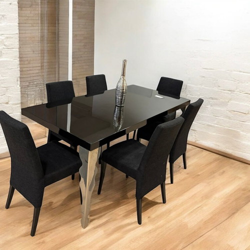 Dining set black lacquer 180x90(+50 extension) with 6 chairs new