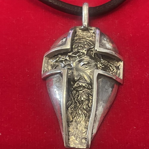 Stavros pendant with Christ depiction silver mass handcrafted used with leather cord