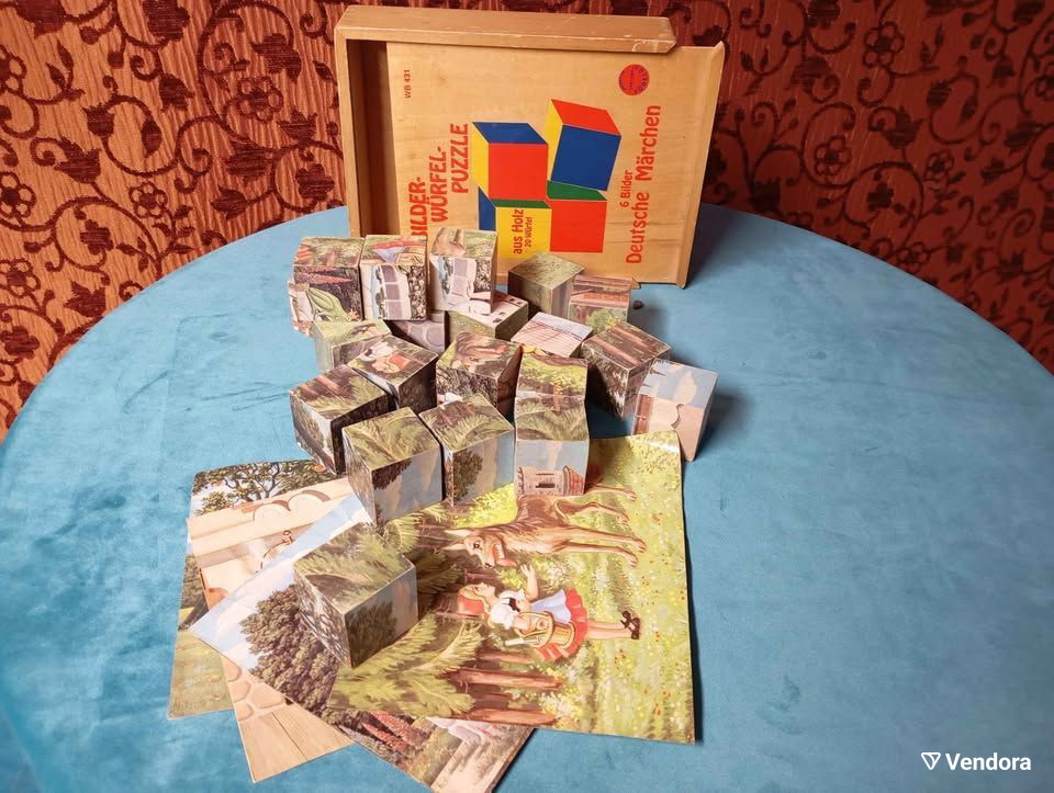 Vintage ξύλινο παζλ με κύβους 6 παραμύθια μεταχειρισμένο