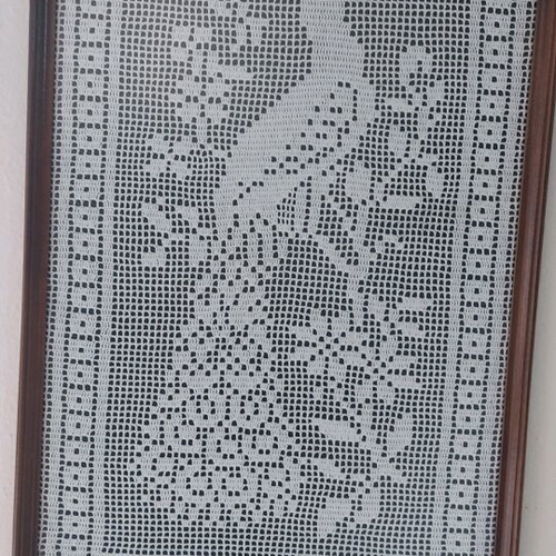 Knitted painting with handmade peacock in wooden frame and glass like new
