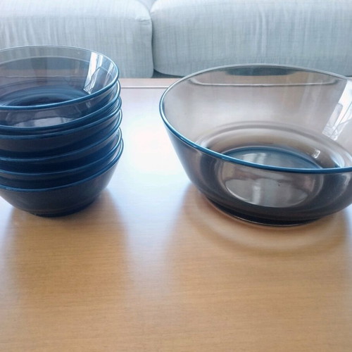 Vereco France 6+1 Bowl Set smoked glass 70s vintage mint condition
