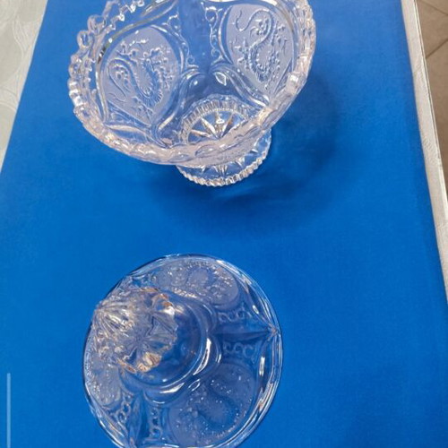 Vintage crystal fondantier with lid, like new, Frosted Dragon design
