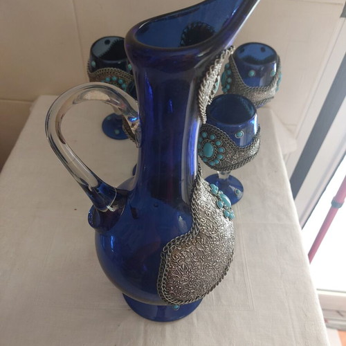 Indian glass jug set with 6 glasses decorated with alpaca and turquoise stones