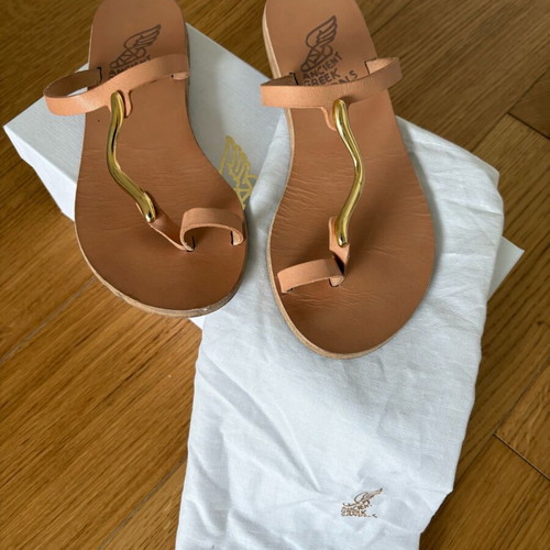 Ancient Greek Sandals Aten leather beige sandals used with gold detail