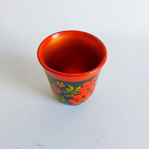 Vintage Khokhloma Hand-Painted Wooden Bowl and Cup Set like new