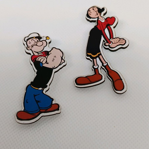 Olive and Popeye wooden earrings with stainless steel, like new, multicolor