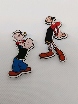 Olive and Popeye wooden earrings with stainless steel, like new, multicolor
