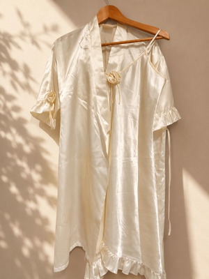 Satin sleepwear set new, nightdress and robe, champagne yellow, small