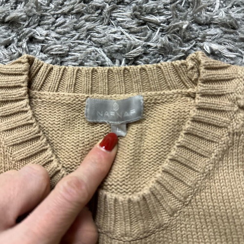 Beige knitted Naf Naf sweater used with striped cuffs and hem