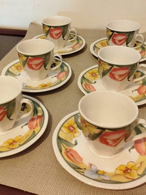 Vintage FENA Porzellan Demitasse Set 6 Cups and Saucers used, floral design